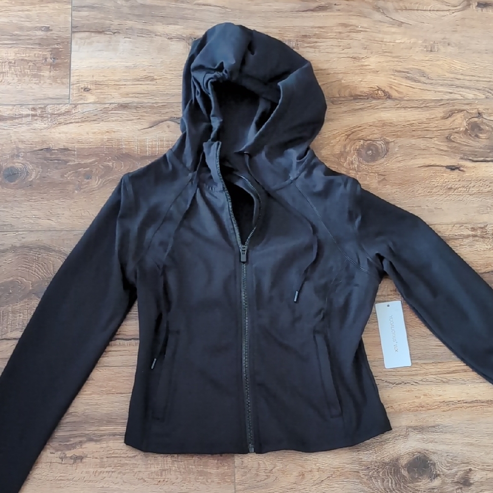 NWT Yogalicious Lux Black Hooded Utility Jacket with Zip Front